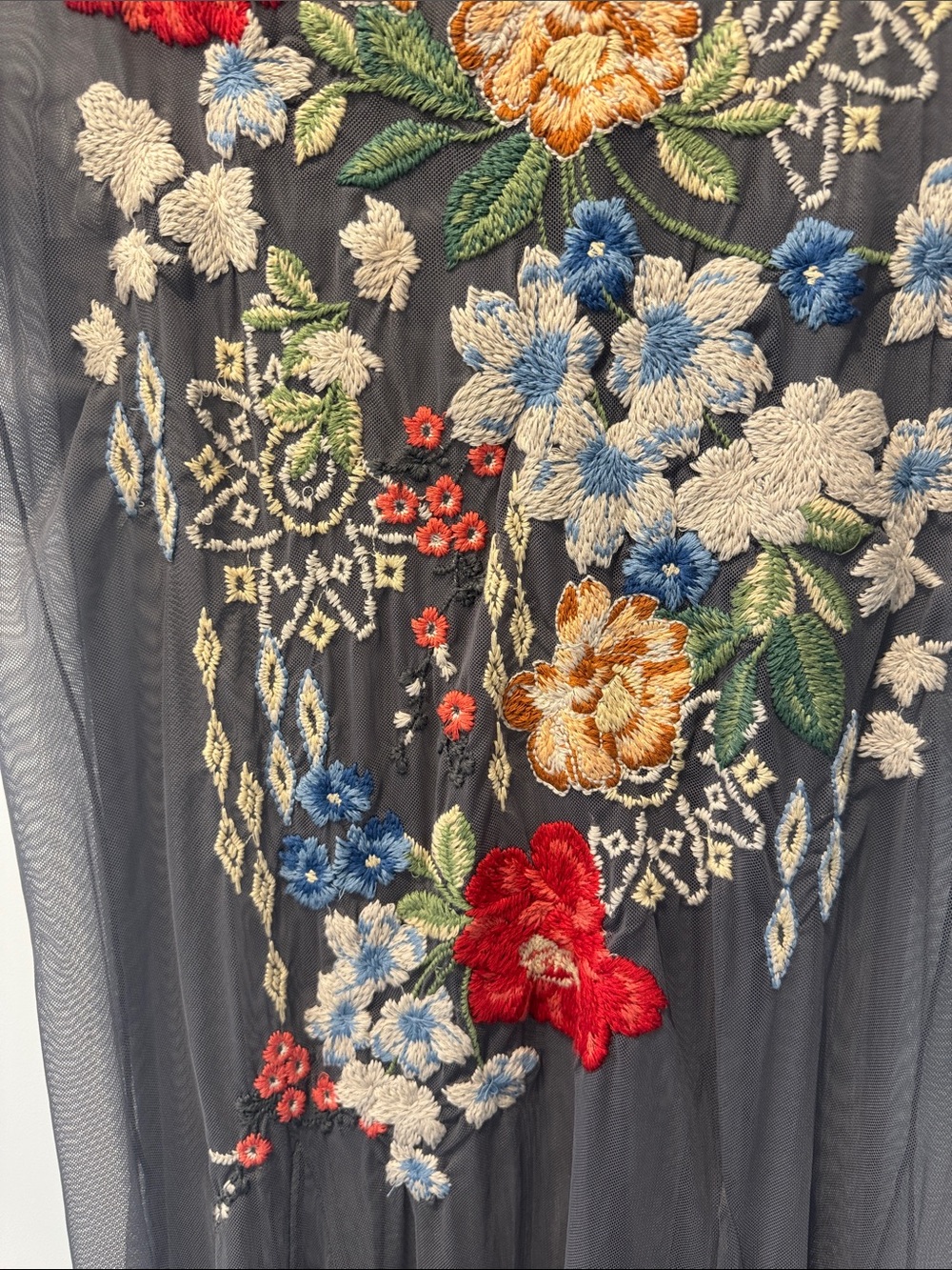 BIYA Johnny Was Embroidered Sheer Maxi Dress - Gray with Multicolor Floral Large - Picture 4 of 4